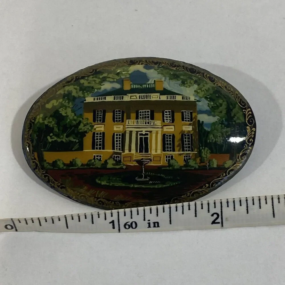 Vintage Handpainted Russian‎ Miniature Scene Landscape Brooch With House 2.5”